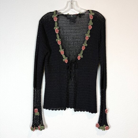 Sue Wong Vintage Black Cardigan Open Sweater Crochet Beaded Cottagecore Small - Picture 11 of 11